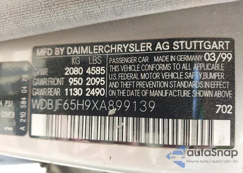 1999 Mercedes-Benz E 320 from USA, damaged, VIN WDBJF65H9XA899139